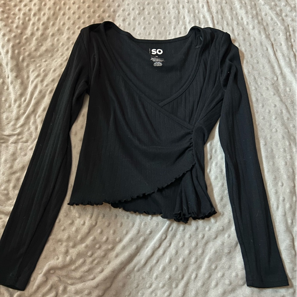 SO Women's Elegant Black Long Sleeve Wrap Top